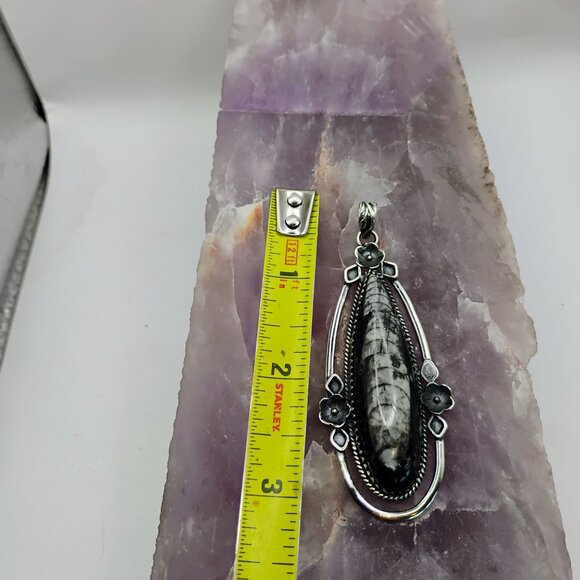 Orthoceras Fossil Pendant With Floral Sterling Silver Setting 3" Long - Picture 3 of 6